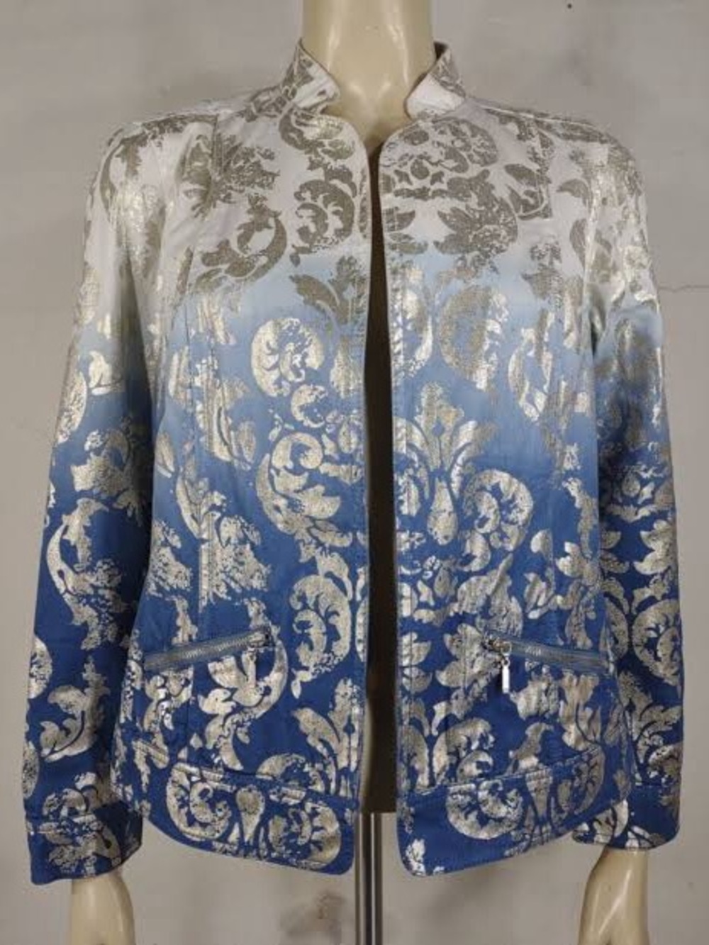 Chicos Ombre Damask Open Front Denim Jacket. Size (2)